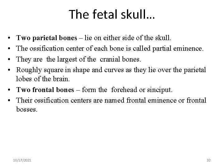 The fetal skull… • • Two parietal bones – lie on either side of
