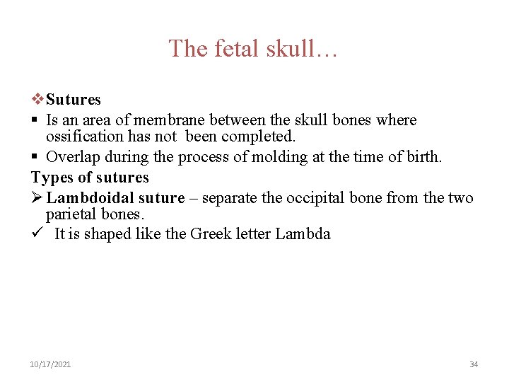 The fetal skull… v. Sutures § Is an area of membrane between the skull