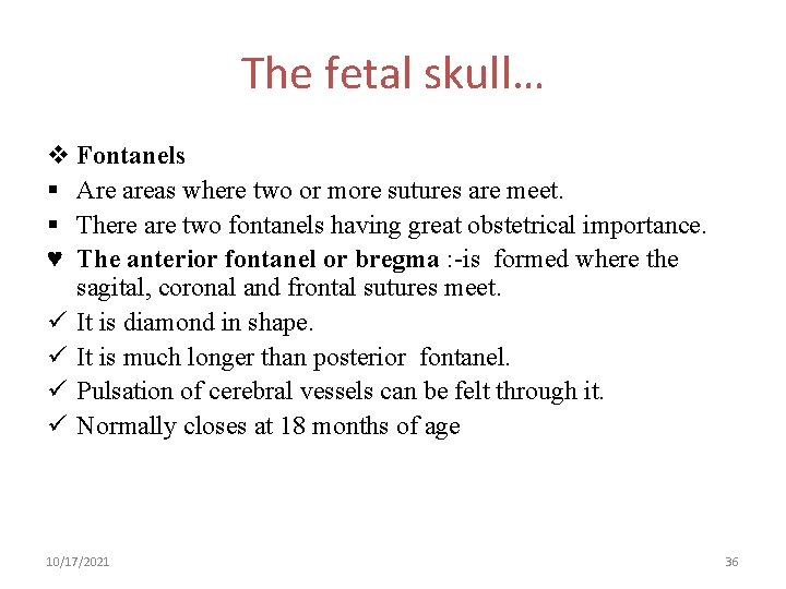 The fetal skull… v Fontanels § Are areas where two or more sutures are