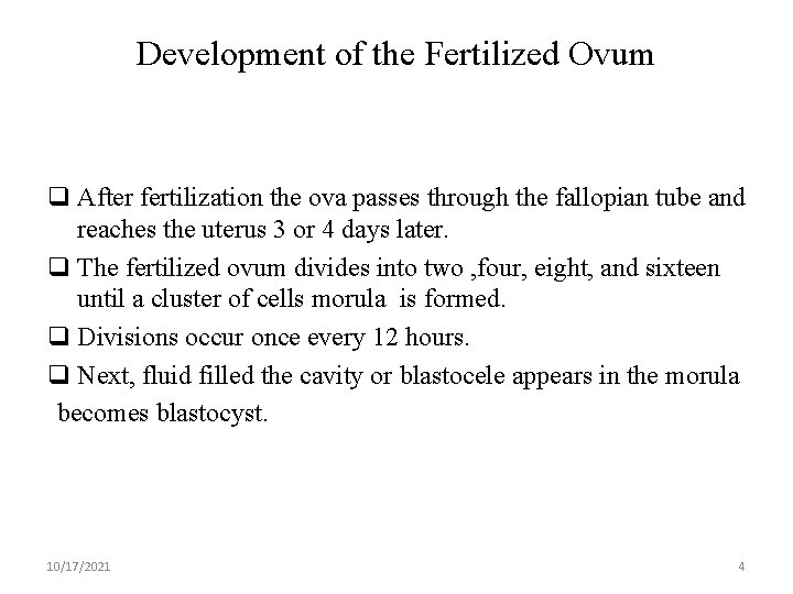 Development of the Fertilized Ovum q After fertilization the ova passes through the fallopian