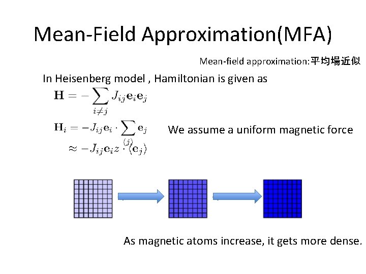 Mean-Field Approximation(MFA) Mean-field approximation: 平均場近似 In Heisenberg model , Hamiltonian is given as We