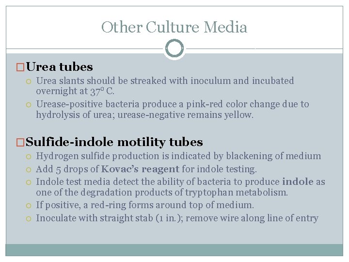 Other Culture Media �Urea tubes Urea slants should be streaked with inoculum and incubated