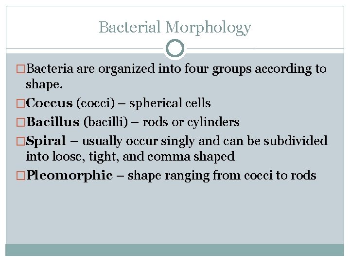 Bacterial Morphology �Bacteria are organized into four groups according to shape. �Coccus (cocci) –