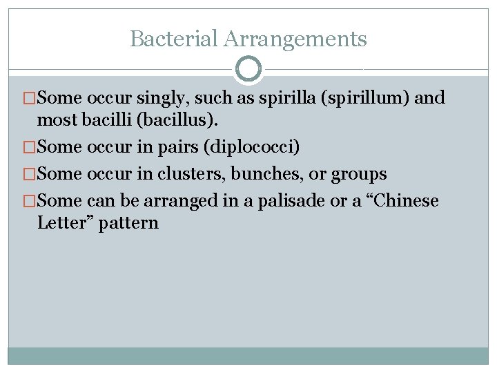 Bacterial Arrangements �Some occur singly, such as spirilla (spirillum) and most bacilli (bacillus). �Some