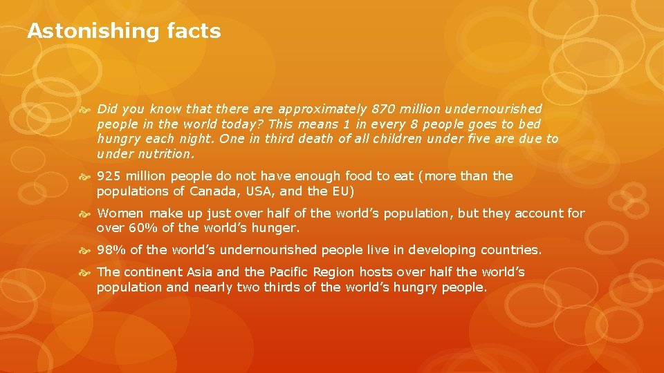 Astonishing facts Did you know that there approximately 870 million undernourished people in the