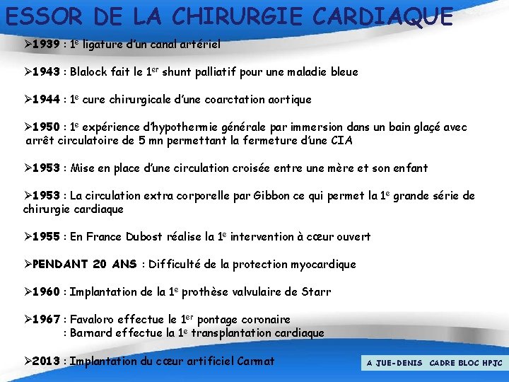 ESSOR DE LA CHIRURGIE CARDIAQUE Ø 1939 : 1 e ligature d’un canal artériel