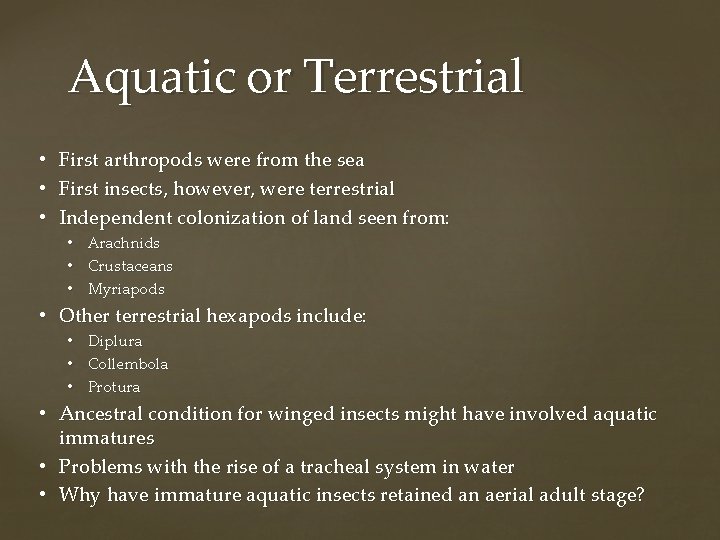 Aquatic or Terrestrial • • • First arthropods were from the sea First insects,