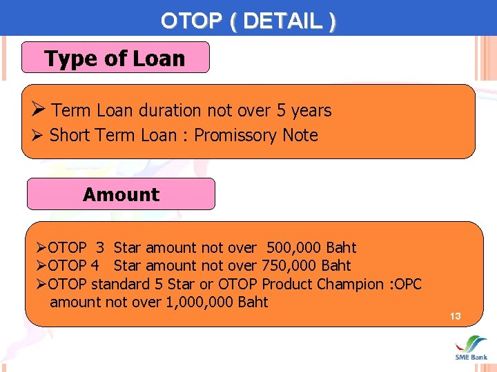 OTOP ( DETAIL ) Type of Loan Ø Term Loan duration not over 5