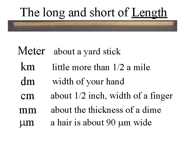 The long and short of Length Meter km dm cm mm mm about a