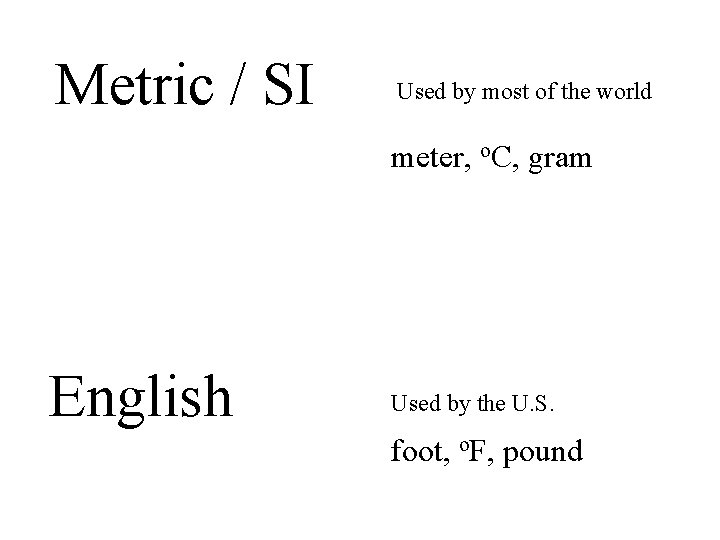 Metric / SI Used by most of the world meter, o. C, gram English