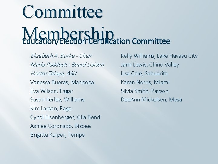 Committee Membership Education/Election Certification Committee Elizabeth A. Burke - Chair Marla Paddock - Board