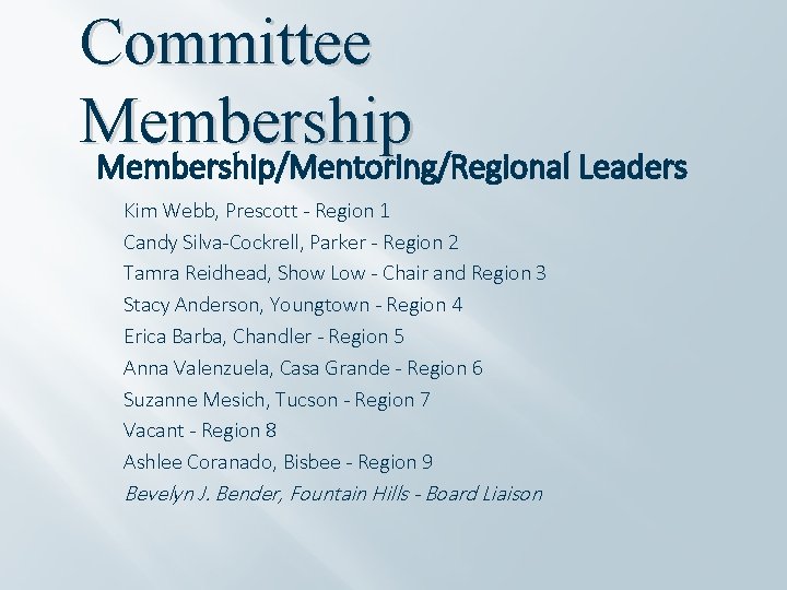 Committee Membership/Mentoring/Regional Leaders Kim Webb, Prescott - Region 1 Candy Silva-Cockrell, Parker - Region