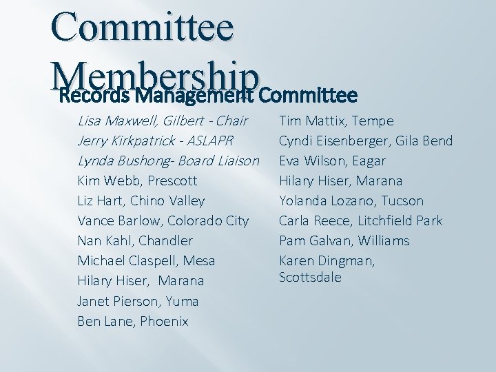 Committee Membership Records Management Committee Lisa Maxwell, Gilbert - Chair Jerry Kirkpatrick - ASLAPR