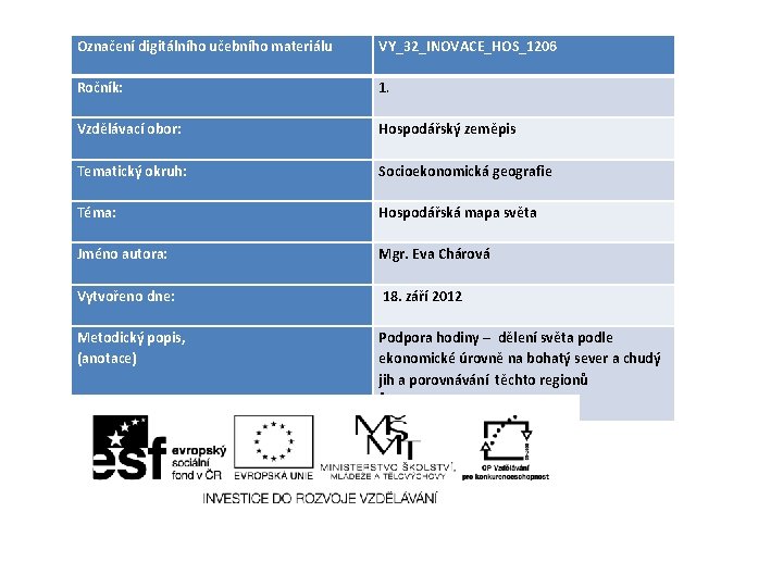 Označení digitálního učebního materiálu VY_32_INOVACE_HOS_1206 Ročník: 1. Vzdělávací obor: Hospodářský zeměpis Tematický okruh: Socioekonomická