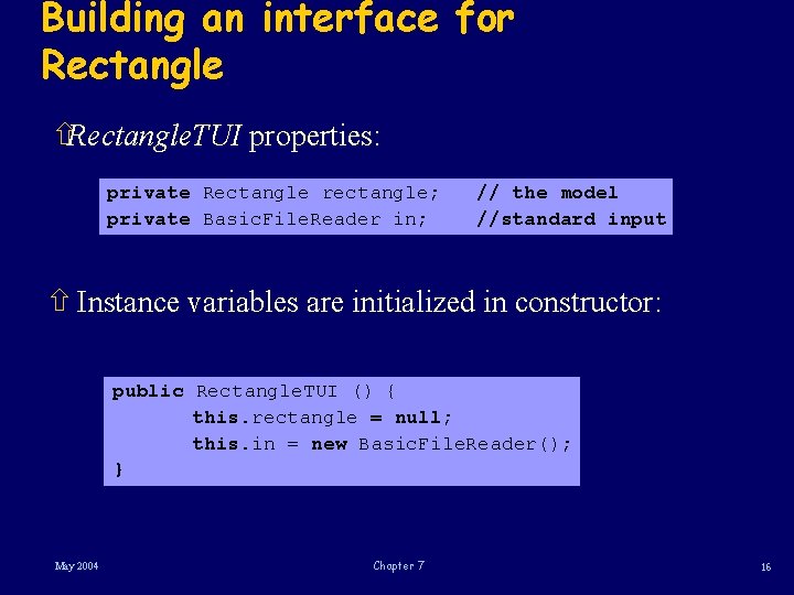 Building an interface for Rectangle ñRectangle. TUI properties: private Rectangle rectangle; private Basic. File.