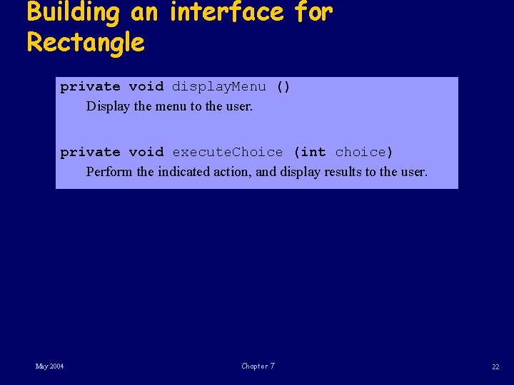 Building an interface for Rectangle private void display. Menu () Display the menu to
