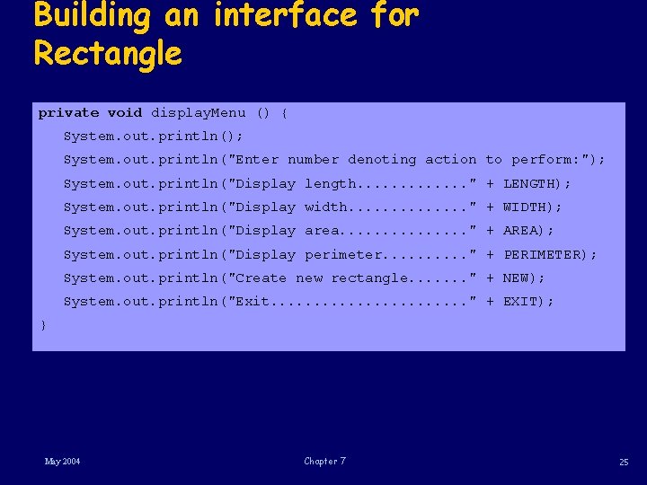 Building an interface for Rectangle private void display. Menu () { System. out. println();