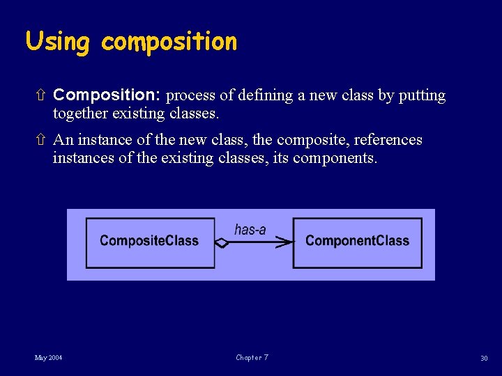 Using composition ñ Composition: process of defining a new class by putting together existing