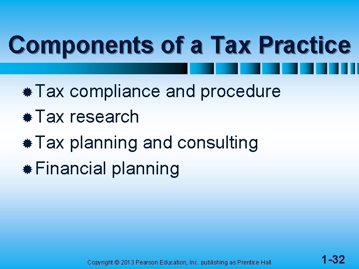 Components of a Tax Practice ® Tax compliance and procedure ® Tax research ®