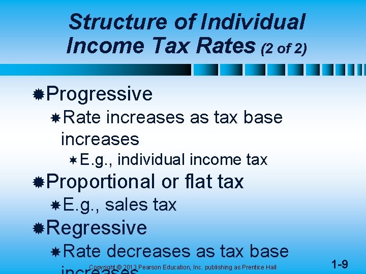 Structure of Individual Income Tax Rates (2 of 2) ®Progressive Rate increases as tax