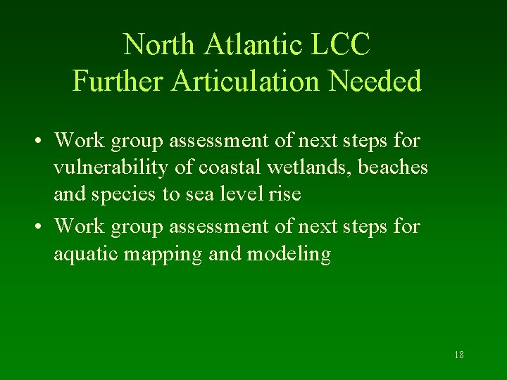 North Atlantic LCC Further Articulation Needed • Work group assessment of next steps for