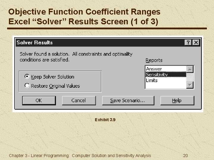 Objective Function Coefficient Ranges Excel “Solver” Results Screen (1 of 3) Exhibit 3. 9