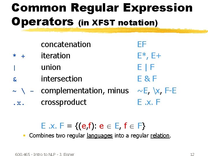 Common Regular Expression Operators (in XFST notation) concatenation * + iteration | union &