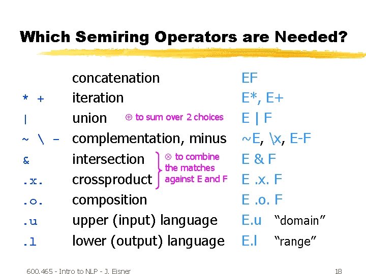 Which Semiring Operators are Needed? concatenation * + iteration | union to sum over