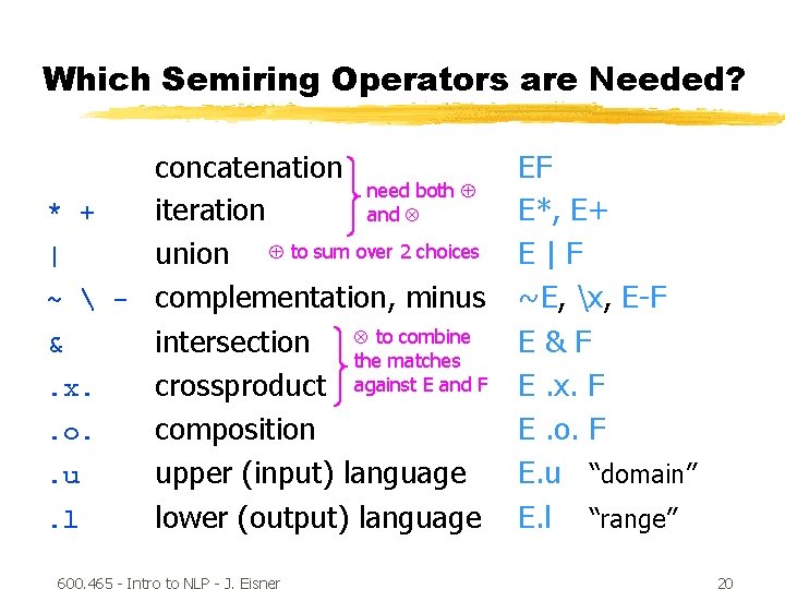 Which Semiring Operators are Needed? concatenation need both * + iteration and | union