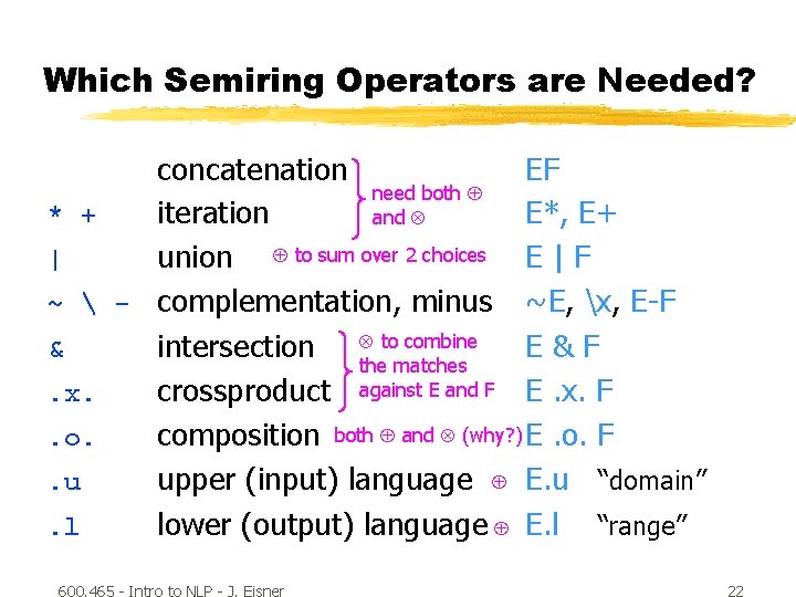 Which Semiring Operators are Needed? concatenation EF need both * + iteration E*, E+