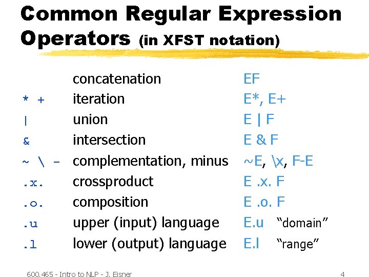 Common Regular Expression Operators (in XFST notation) concatenation * + iteration | union &