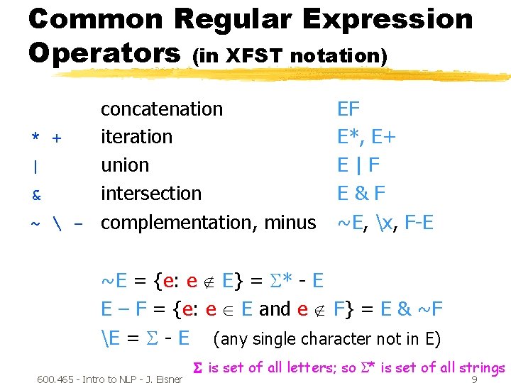 Common Regular Expression Operators (in XFST notation) concatenation * + iteration | union &