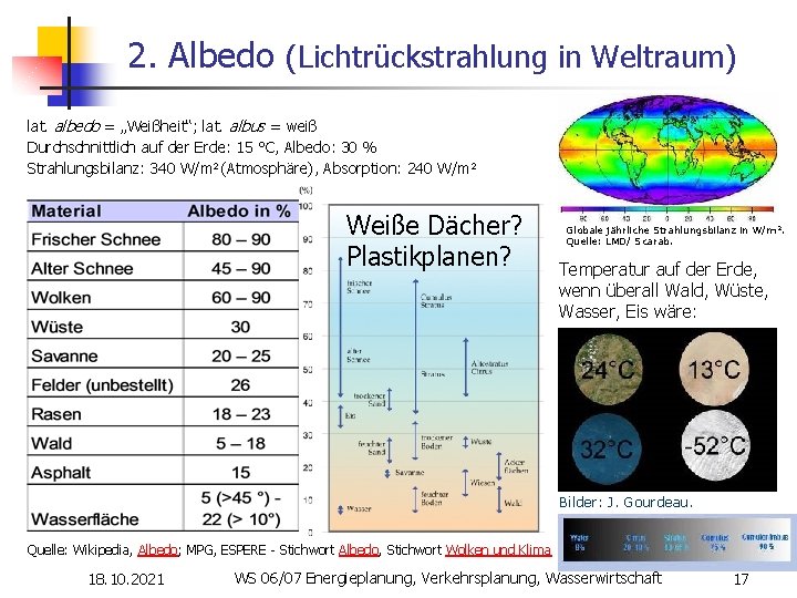 2. Albedo (Lichtrückstrahlung in Weltraum) lat. albedo = „Weißheit“; lat. albus = weiß Durchschnittlich