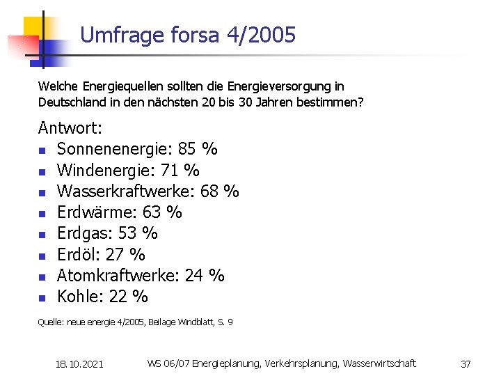 Umfrage forsa 4/2005 Welche Energiequellen sollten die Energieversorgung in Deutschland in den nächsten 20