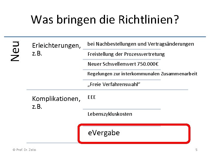 Neu Was bringen die Richtlinien? Erleichterungen, z. B. bei Nachbestellungen und Vertragsänderungen Freistellung der