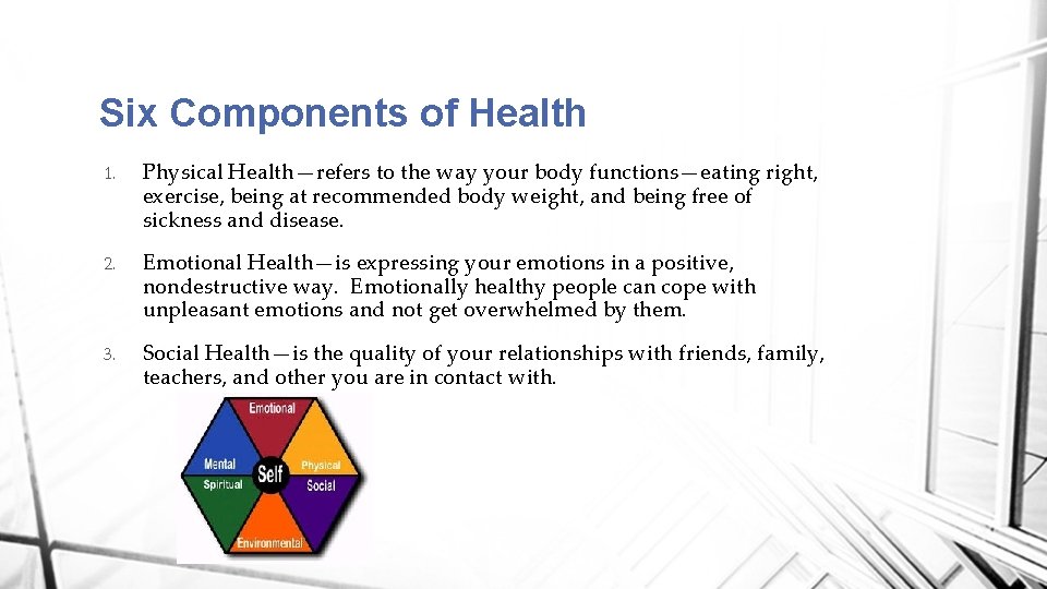 Six Components of Health 1. Physical Health—refers to the way your body functions—eating right,