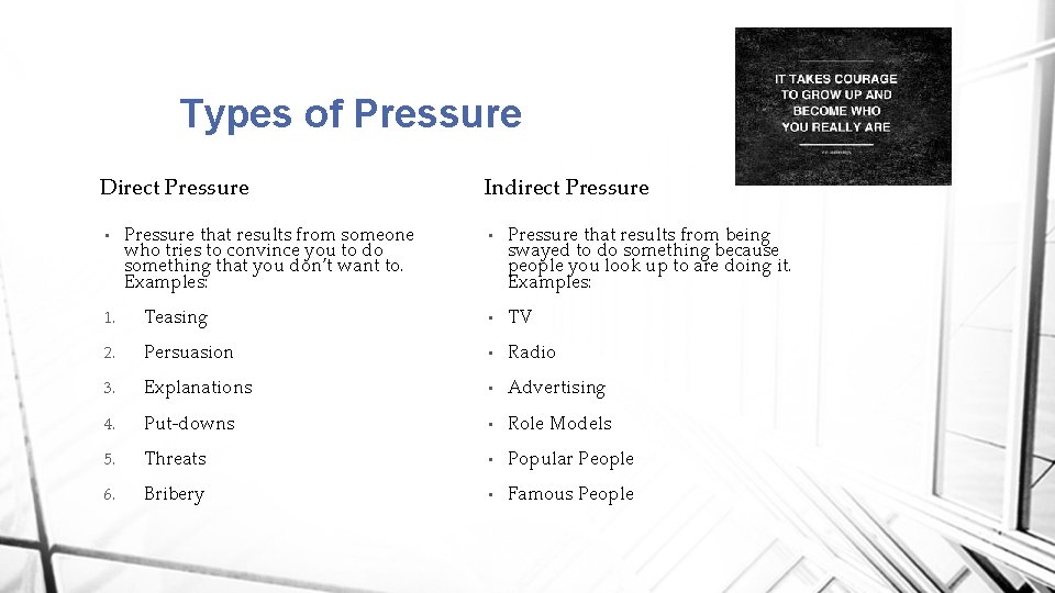 Types of Pressure Direct Pressure • Pressure that results from someone who tries to