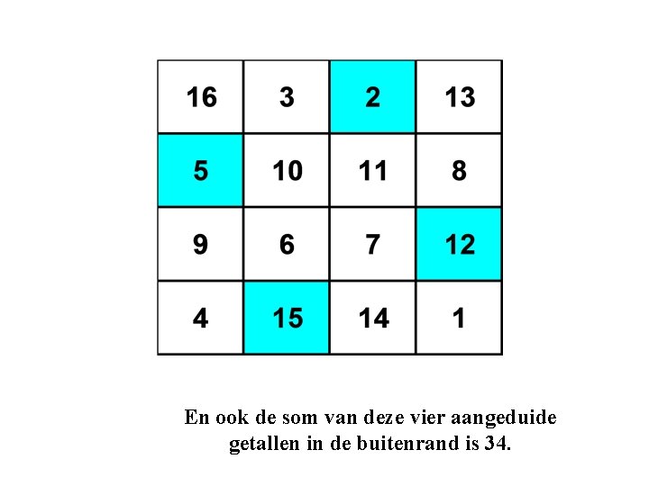 En ook de som van deze vier aangeduide getallen in de buitenrand is 34.