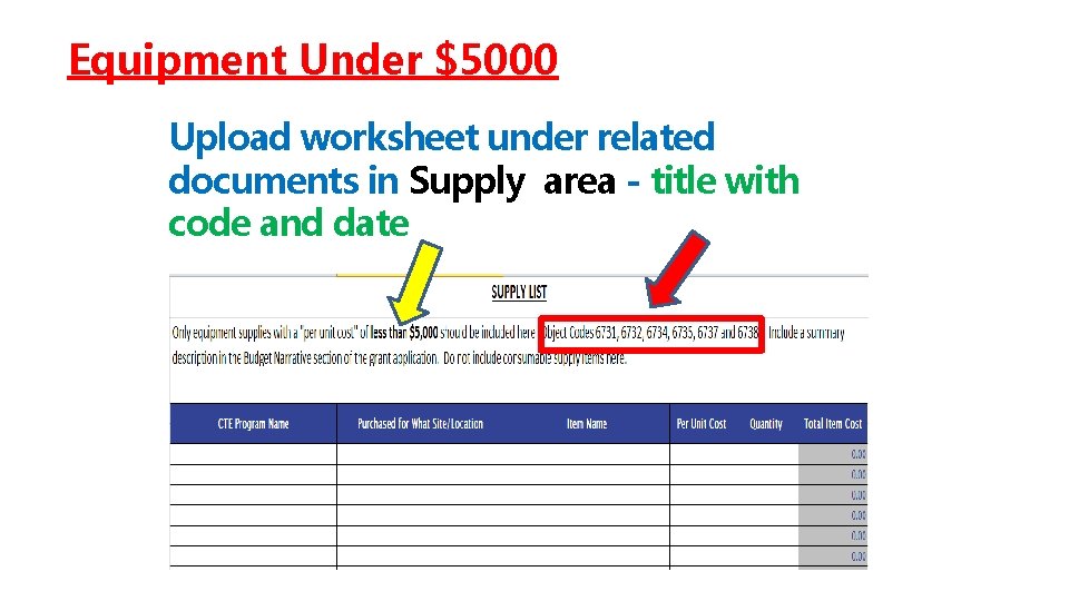 Equipment Under $5000 Upload worksheet under related documents in Supply area - title with