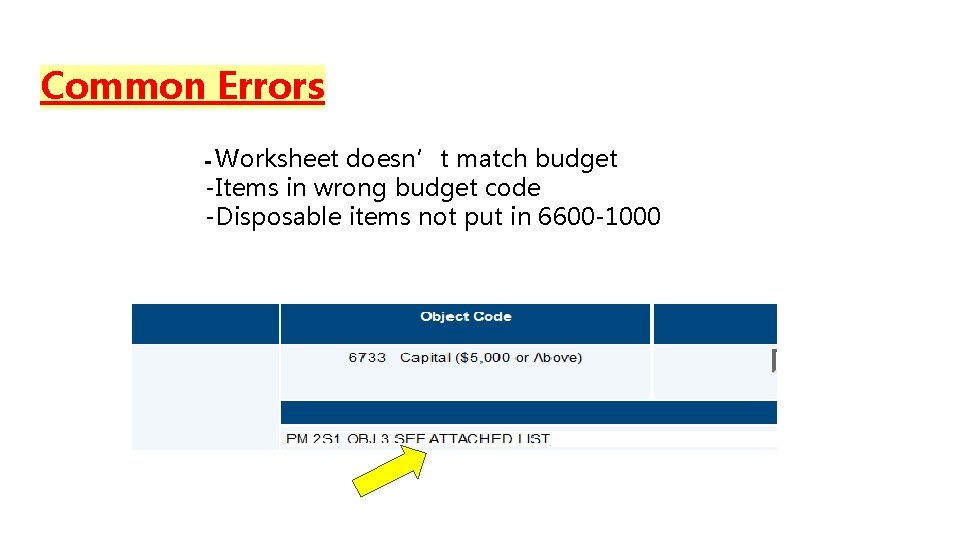 Common Errors - Worksheet doesn’t match budget -Items in wrong budget code -Disposable items