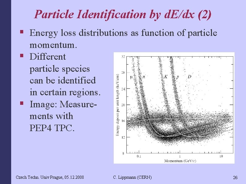 Particle Identification by d. E/dx (2) § Energy loss distributions as function of particle