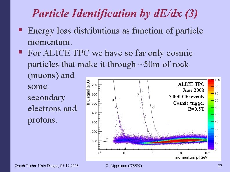 Particle Identification by d. E/dx (3) § Energy loss distributions as function of particle