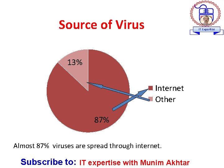 Source of Virus 13% Internet Other 87% Almost 87% viruses are spread through internet.