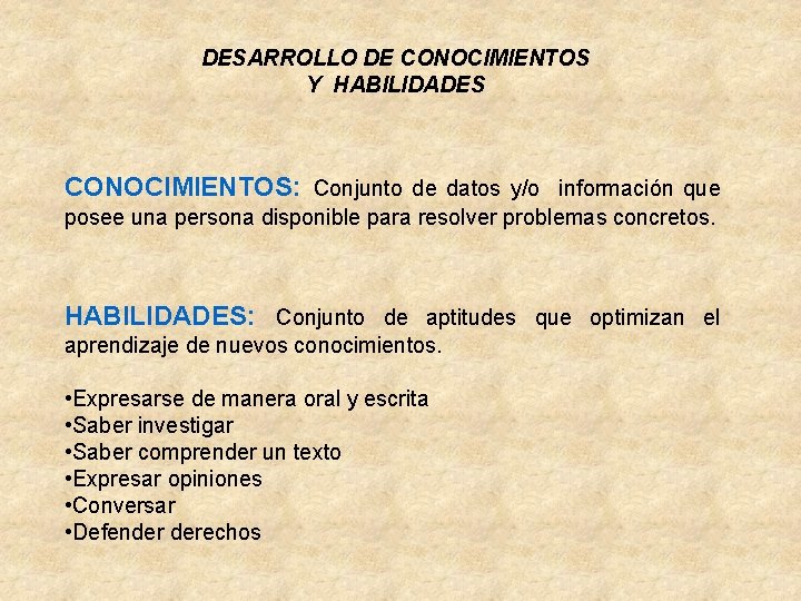 DESARROLLO DE CONOCIMIENTOS Y HABILIDADES CONOCIMIENTOS: Conjunto de datos y/o información que posee una