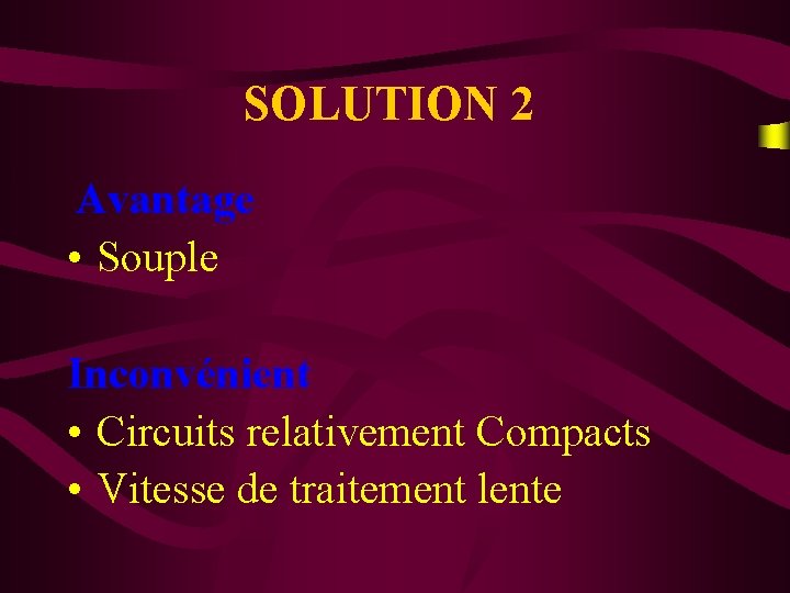 SOLUTION 2 Avantage • Souple Inconvénient • Circuits relativement Compacts • Vitesse de traitement