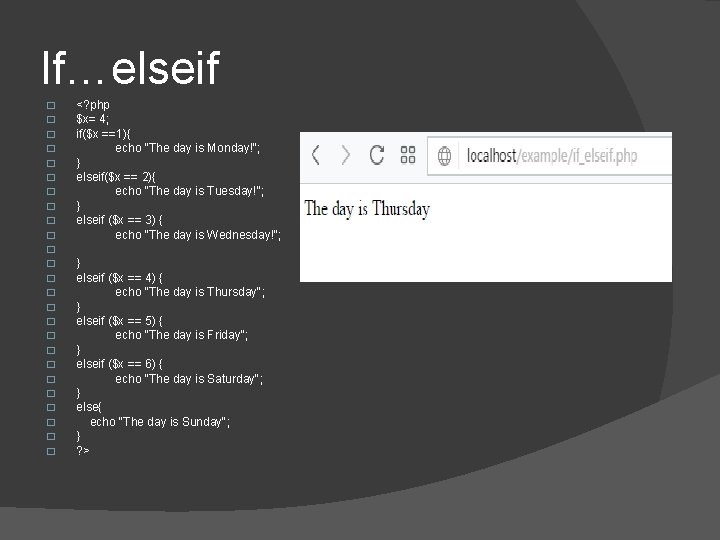 If…elseif � � � � � � � <? php $x= 4; if($x ==1){ If…elseif � � � � � � � <? php $x= 4; if($x ==1){