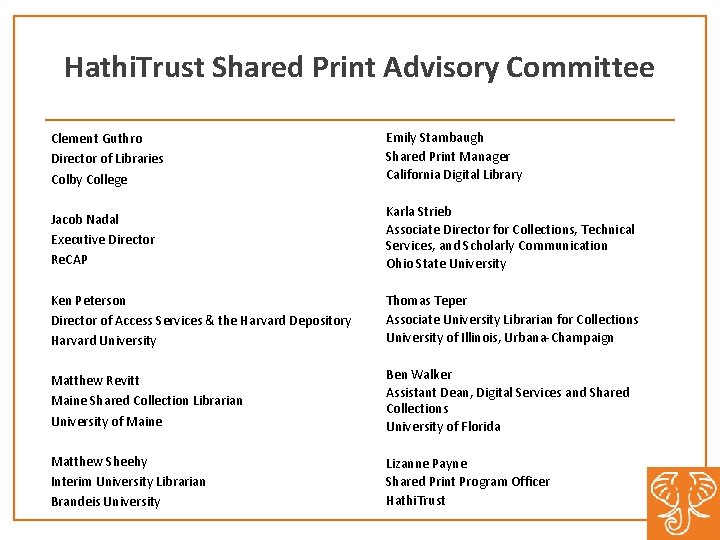 Hathi. Trust Shared Print Advisory Committee Clement Guthro Director of Libraries Colby College Emily