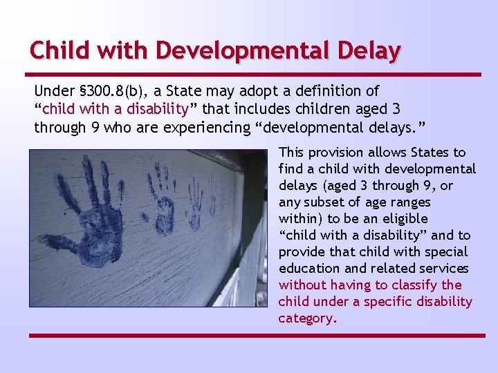 Child with Developmental Delay Under § 300. 8(b), a State may adopt a definition