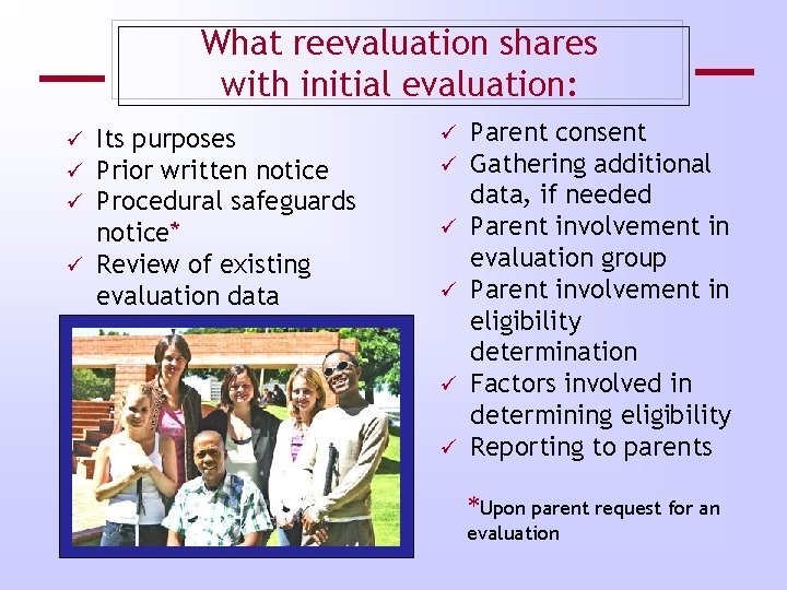 What reevaluation shares with initial evaluation: Its purposes Prior written notice Procedural safeguards notice*