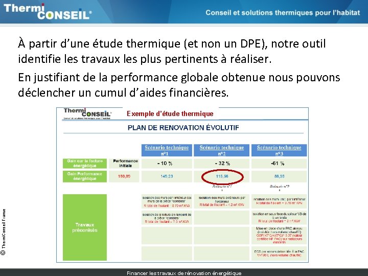 À partir d’une étude thermique (et non un DPE), notre outil identifie les travaux